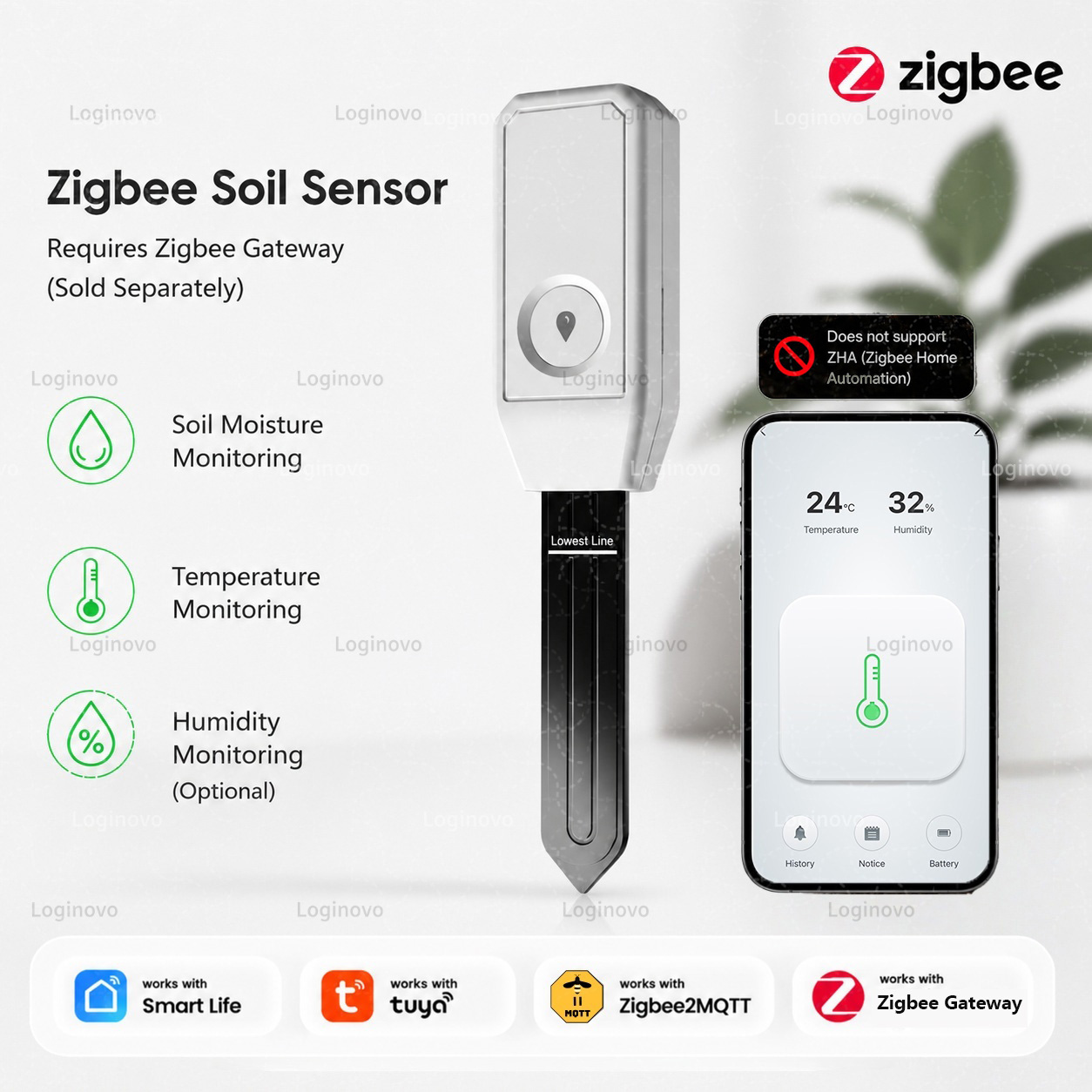 Smart Garden Home Assistant - Zigbee Bodensensor Temperatur- und Feuchtigkeitsdetektor Pflanzen-Garten-Monitor