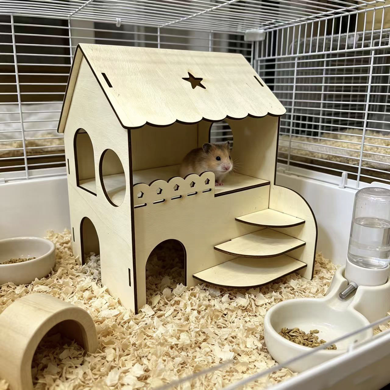 Insect Hotel Wood - Zweistöckiges Holzhaus für Hamster mit Treppe,